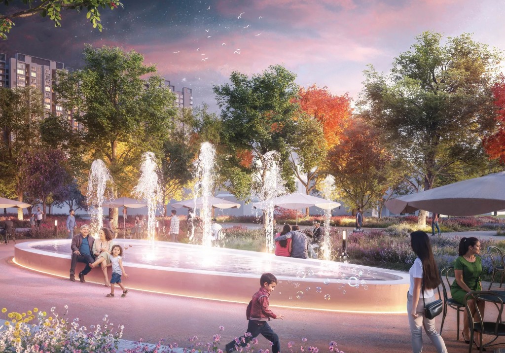 Evening fountain plaza